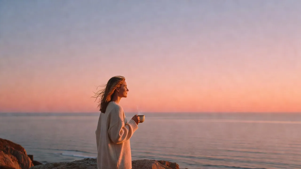 A woman with a warm coffee watching the dawn break over the sea from a cliff