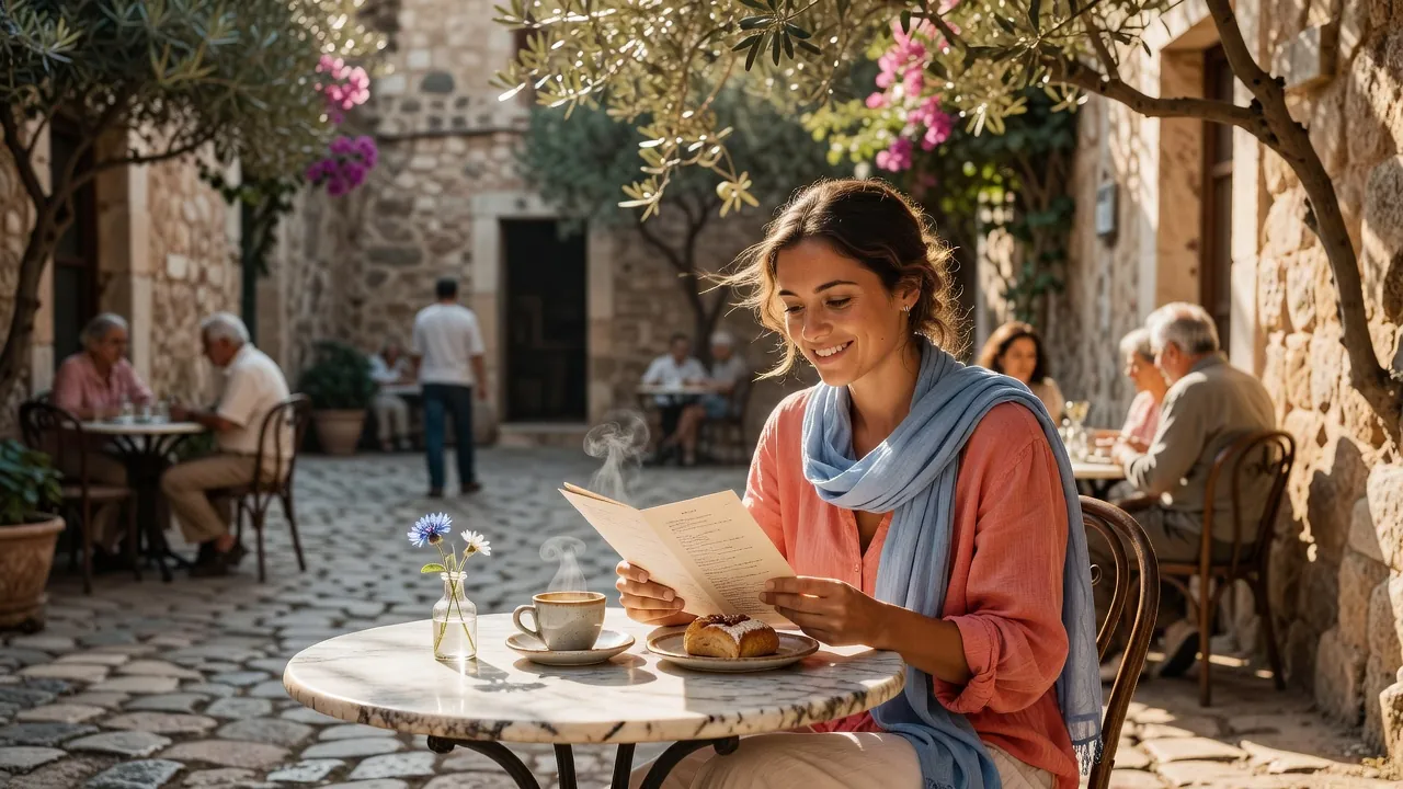 A traveller reading a menu with ease at a sunlit old-town courtyard café