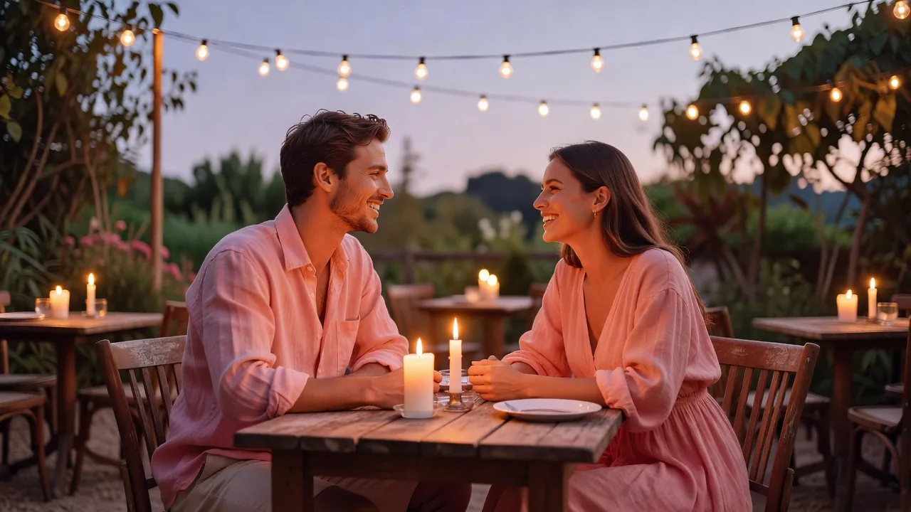 A couple at a candlelit garden restaurant at dusk