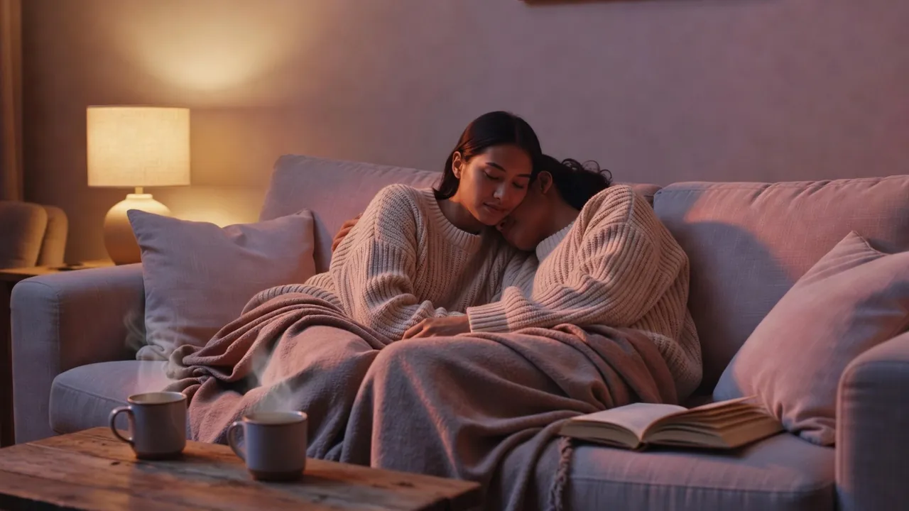 A couple relaxing under a blanket in a warm, lamplit living room