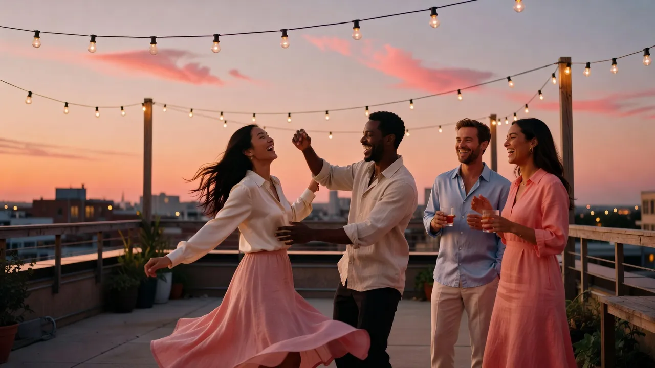 Friends laughing and dancing on a rooftop terrace at dusk under string lights