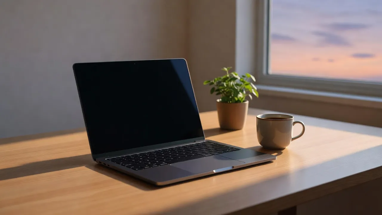 A MikeOS laptop on a sunlit wooden desk beside a coffee and a plant