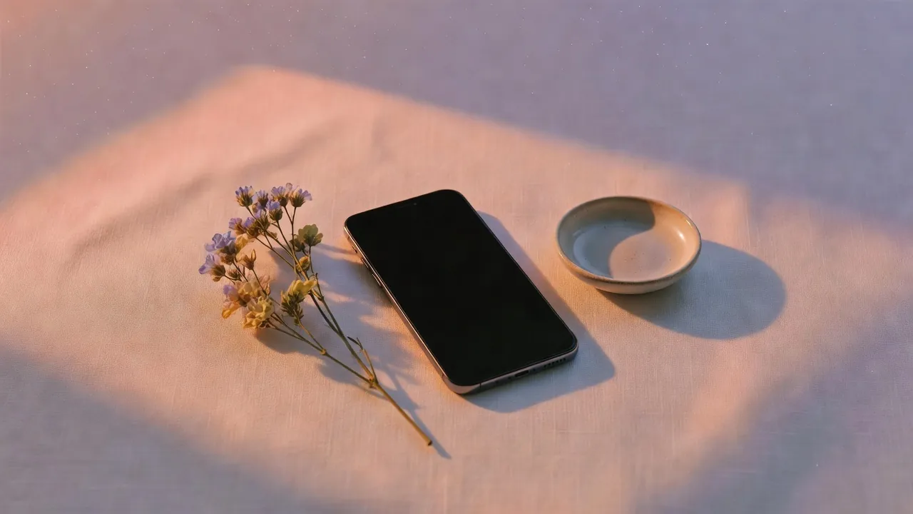 A MikeOS phone resting on warm linen in soft dawn light